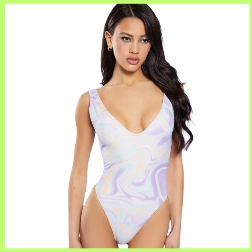 Knit one-piece swimsuit with oil slick print, V-neckline, low-cut back, and cheeky cut. Explore more at iheartjlove.com and follow us on Instagram @iheartjlove_iheartjlove for updates!"