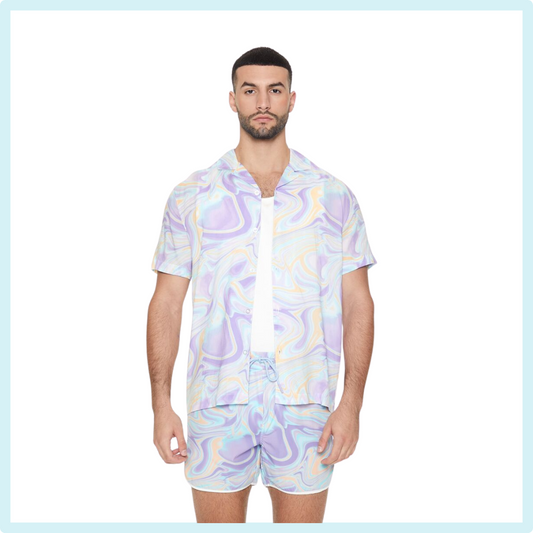 A pair of woven swim trunks featuring an allover oil slick print, short 4" inseam, drawstring waist, contrasting trim, and dolphin hem. <p>- Matching top available.Oil Slick Print Short Inseam Swim Trunks</p>_iheartjlove.com_Forever21_Summer_Mermaid_Capsul_festival_Shorts_instagram.com/iheartjlove