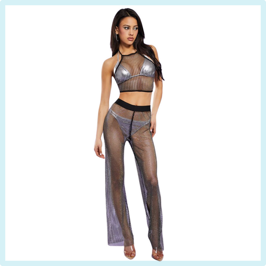 A pair of netted knit pants featuring a sheer construction, allover rhinestone embellishments, high-rise stretchy waist, and wide leg._Forever21_Summer_cover_up_festival_Fashion_iheartjlove_marketplace_instagram.com/iheartjlove